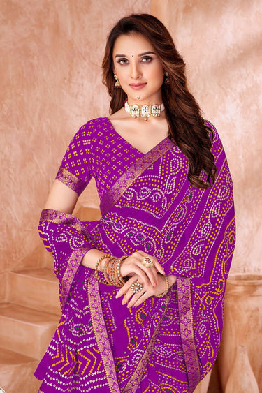 Chiffon Purple Bandhej Print Saree