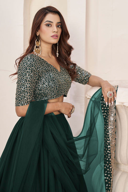 Stylish Sequins Design Georgette Green Color Lehenga Choli For Function