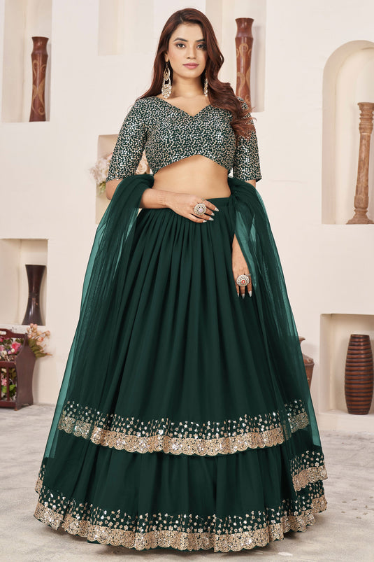 Stylish Sequins Design Georgette Green Color Lehenga Choli For Function