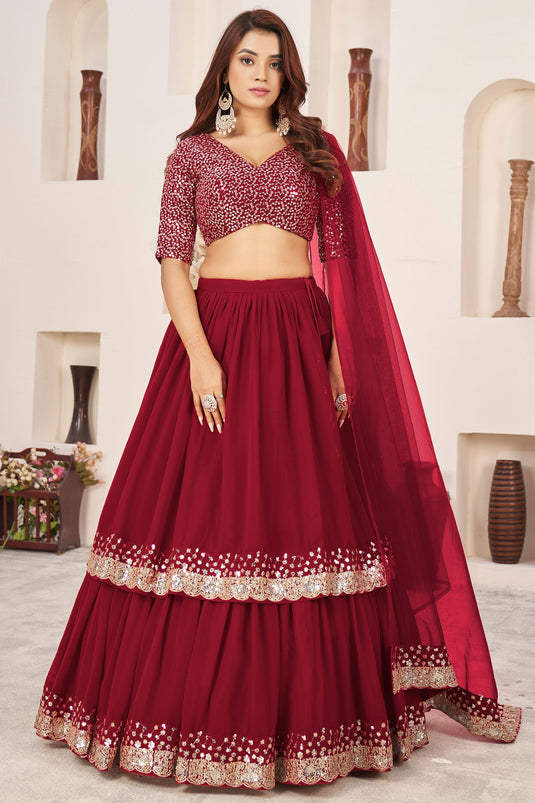 Contemporary Red Color Georgette Lehenga Choli For Sangeet Function