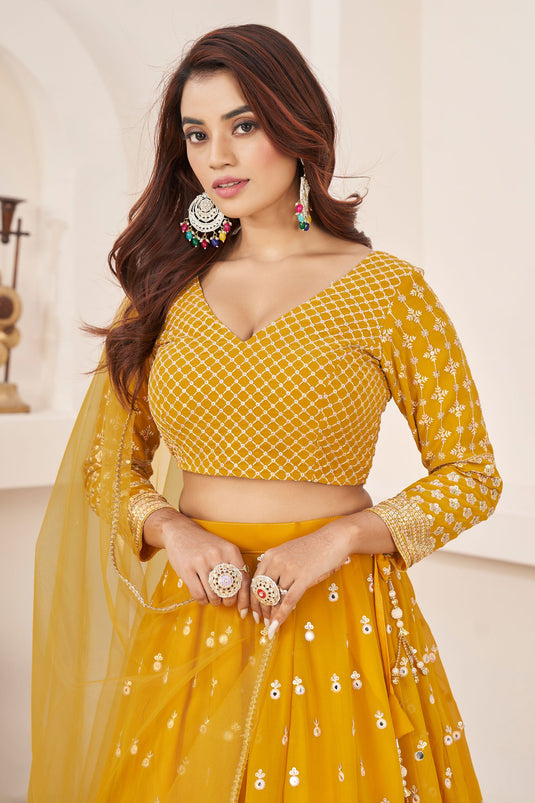 Artistic Georgette Yellow Color Lehenga Choli For Sangeet Function