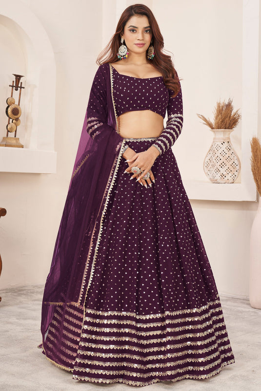 Classic Georgette Sequins Design Wine Color Lehenga Choli For Function