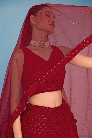 Sequins Work Sangeet Wear Lehenga In Red Color Georgette Fabric With Blouse