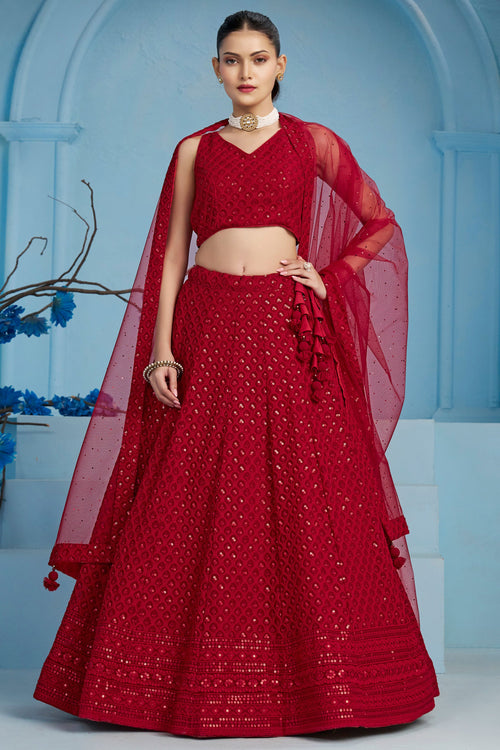 Sequins Work Sangeet Wear Lehenga In Red Color Georgette Fabric With Blouse