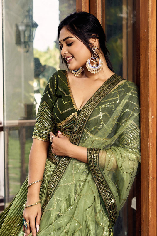 Stylish Green Chinon Fabric Lehenga With Sequins Work