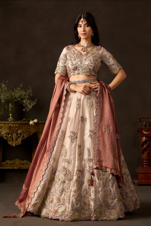 Elegant Heavy Sequins Work Beige Sangeet Lehenga Choli