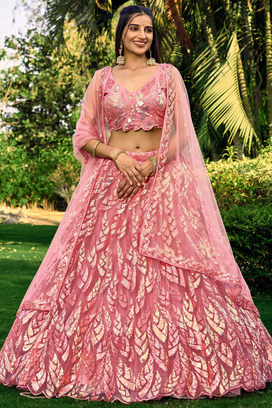 Pink Color Net Fabric Sequins Work Lehenga For Function