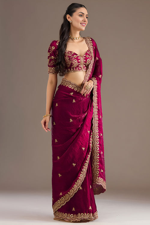 Traditional Magenta Tissue Saree With Zari Work Blouse