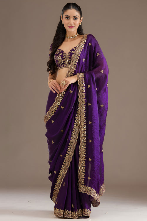 Function Wear Purple Saree With Embroidred Blouse Piece