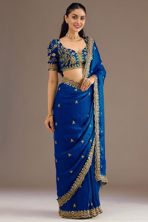 Festive Wear Blue Tissue Saree With Embroidred Blouse