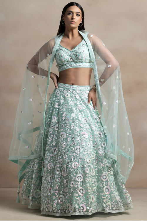 Sequins Work Cyan Net Wedding Wear Lehenga Choli