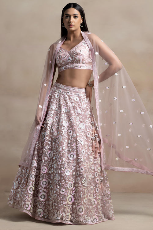 Sequins Work Net Pink Lehenga Choli For Sangeet Function