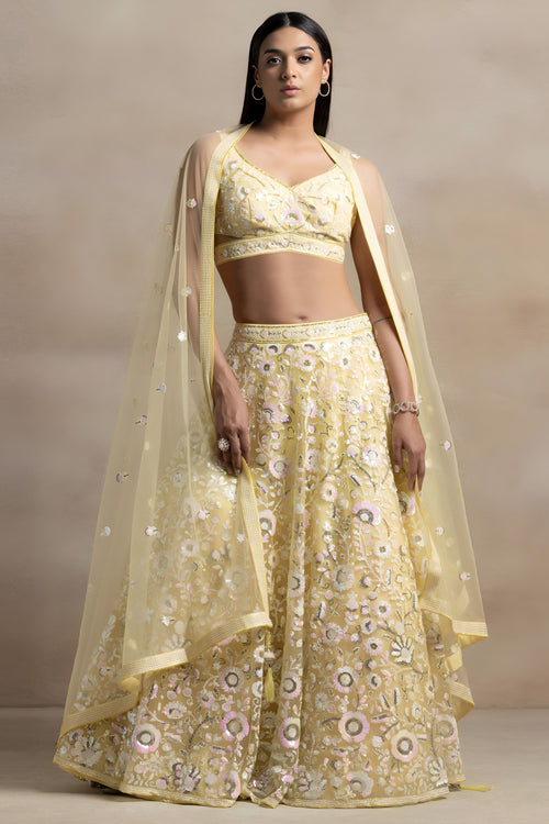 Sequins Work Yellow Sangeet Wear Lehenga Choli In Net Fabric