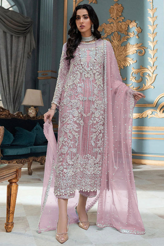 Pink Color Organza Fabric Party Style Tempting Pakistani Replica Suit