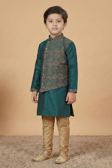 Art Silk Fabric Green Sangeet Wear Readymade Kurta Pyjama For Boys