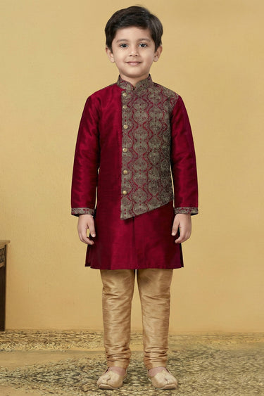 Maroon Art Silk Fabric Boys Readymade Kurta Pyjama For Sangeet Wear