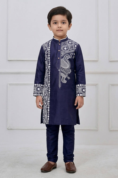 Embroidered Viscose Navy Blue Boys Readymade Kurta Pyjama For Sangeet Wear