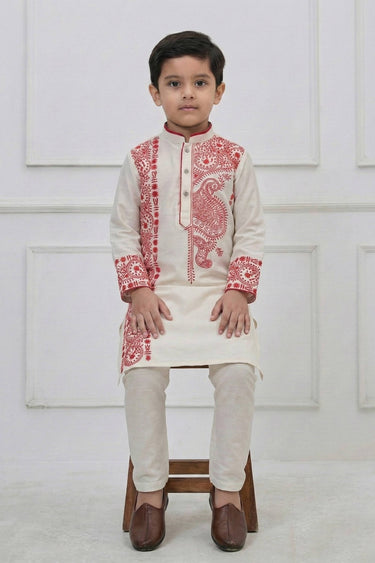 Off White Sangeet Wear Viscose Embroidered Readymade Kurta Pyjama For Boys