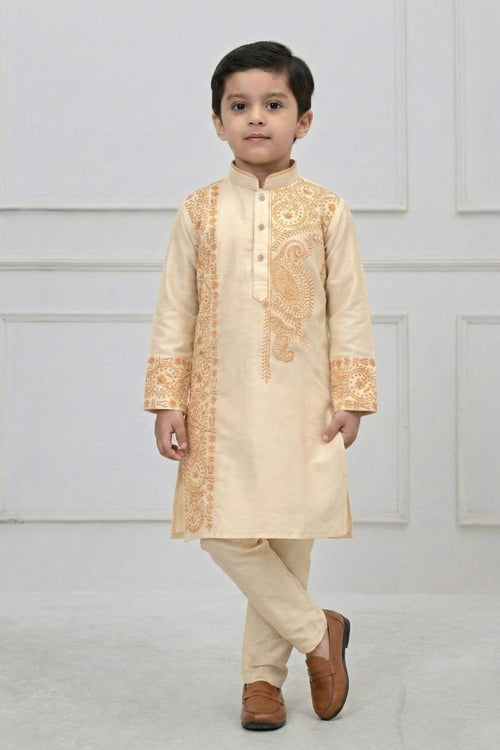 Viscose Embroidered Beige Sangeet Wear Readymade Kurta Pyjama For Boys