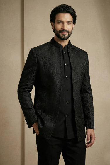 Satin Fabric Black Function Wear Readymade Indo Western For Men
