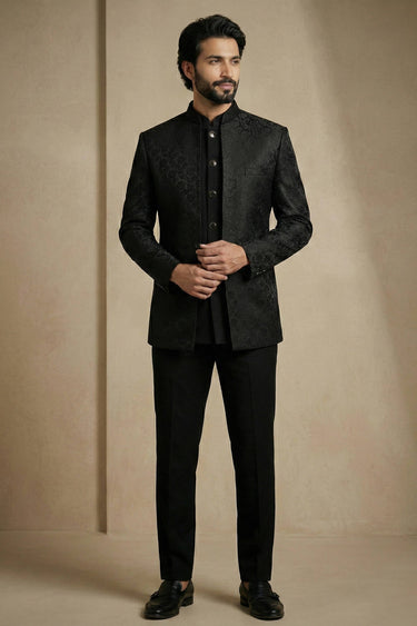 Satin Fabric Black Function Wear Readymade Indo Western For Men