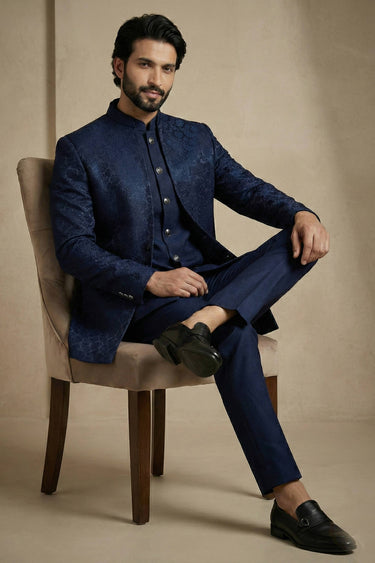 Satin Fabric Navy Blue Men Readymade Indo Western For function Wear