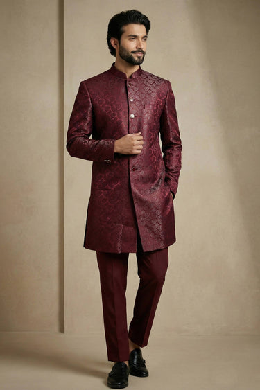 Jacquard Fabric Maroon Sangeet Wear Readymade Indo Western For Men