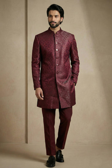 Jacquard Fabric Maroon Sangeet Wear Readymade Indo Western For Men