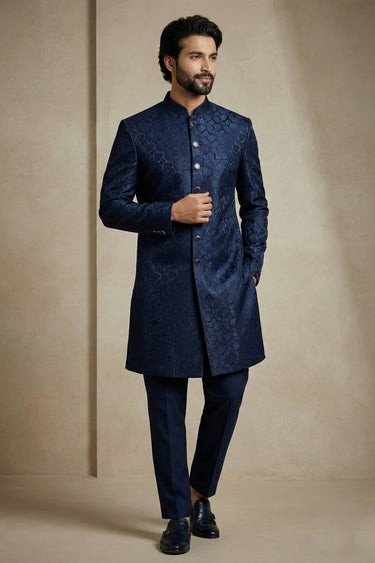 Navy Blue Sangeet Wear Jacquard Fabric Readymade Indo Western For Men