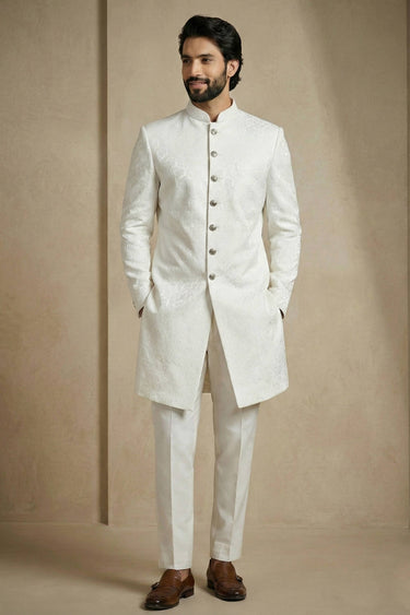 Jacquard Fabric White Sangeet Wear Readymade Indo Western For Men