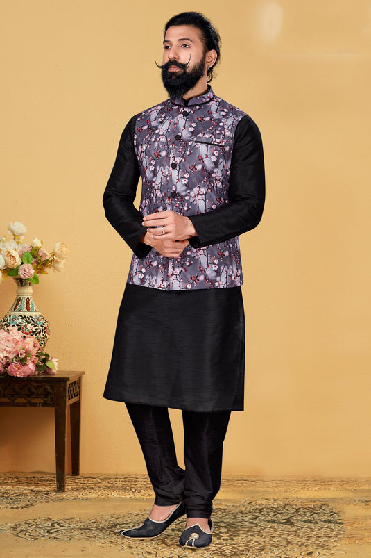 Reception Wear Readymade Black Color Dhupion Silk Fabric Beautiful Kurta Pyjama For Men With 3 Pcs Jacket Set