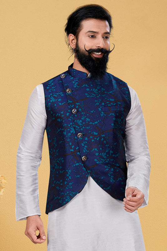 Blue Silk Fabric Sangeet Wear Trendy Readymade Men Jacket