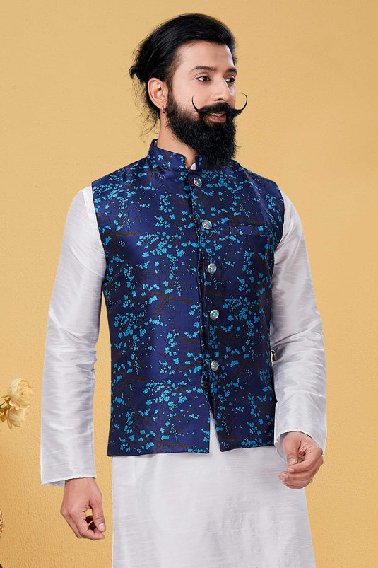 Blue Color Silk Fabric Reception Wear Readymade Men Jacket