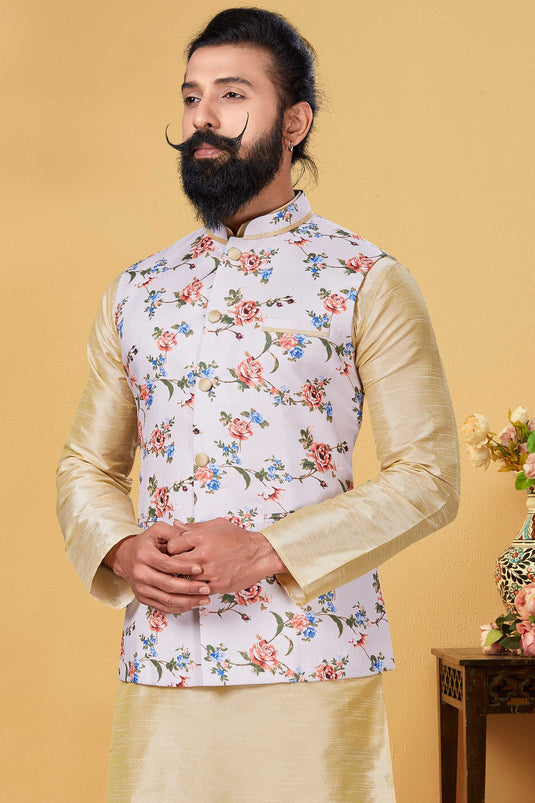 Sangeet Wear Beige Color Readymade Men Jacket In Cotton Fabric