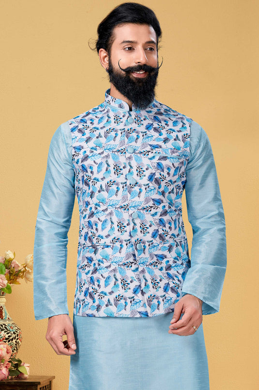 Cotton Fabric Festive Wear Readymade Lovely Sky Blue Color Jacket For Men