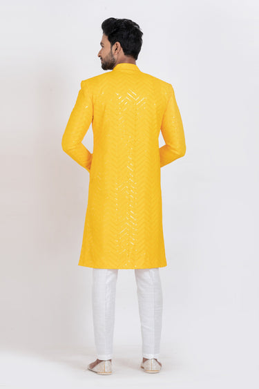 Beautiful Sequins Work Yellow Color Wedding Wear Readymade Indo Western For Men In Viscose Fabric