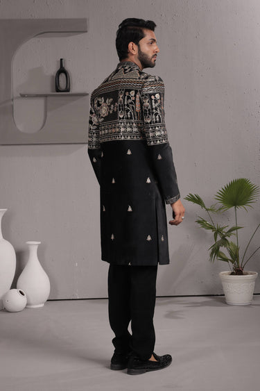 Black Wedding Wear Velvet Embroidered Readymade Indo Western For Men