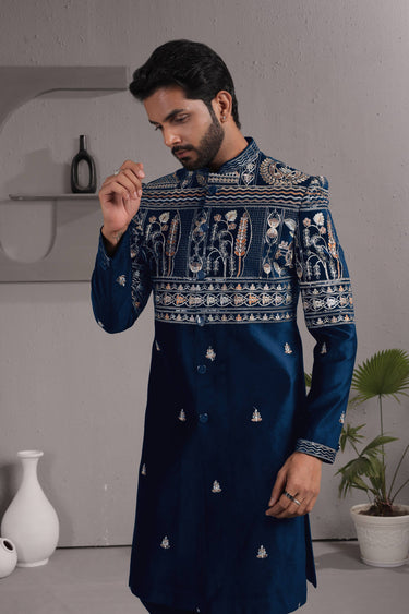 Navy Blue Wedding Wear Fancy Fabric Embroidered Readymade Indo Western For Men