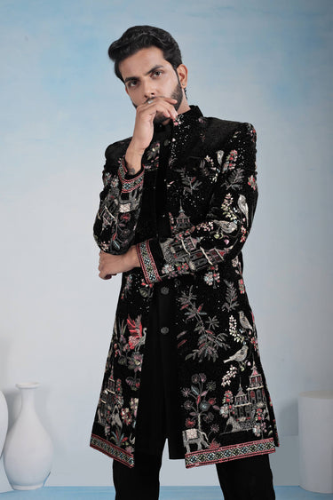 Embroidered Velvet Black Wedding Wear Indo Western For Wedding Wear