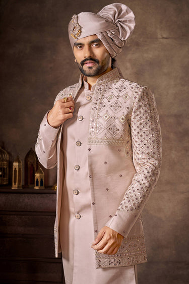 Pink Wedding Wear Silk Embroidered Readymade Indo Western For Men
