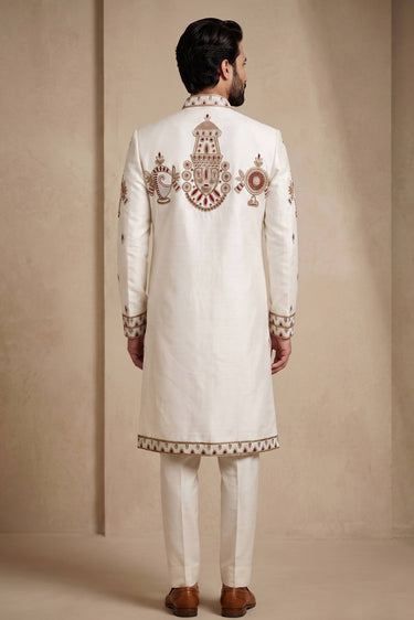 Off White Satin Silk Designer Readymade Indo Western Jodhpuri Suit