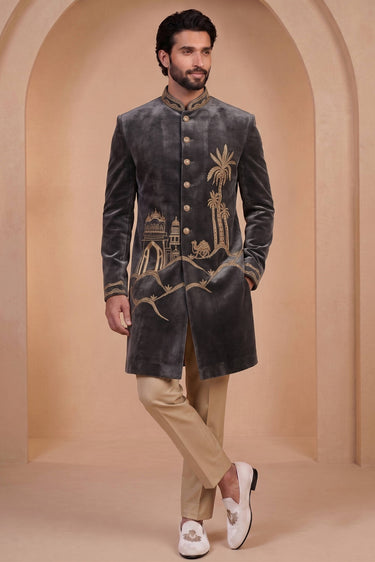 Grey Velvet Wedding Wear Readymade Lovely Indo Western Jodhpuri Suit For Men