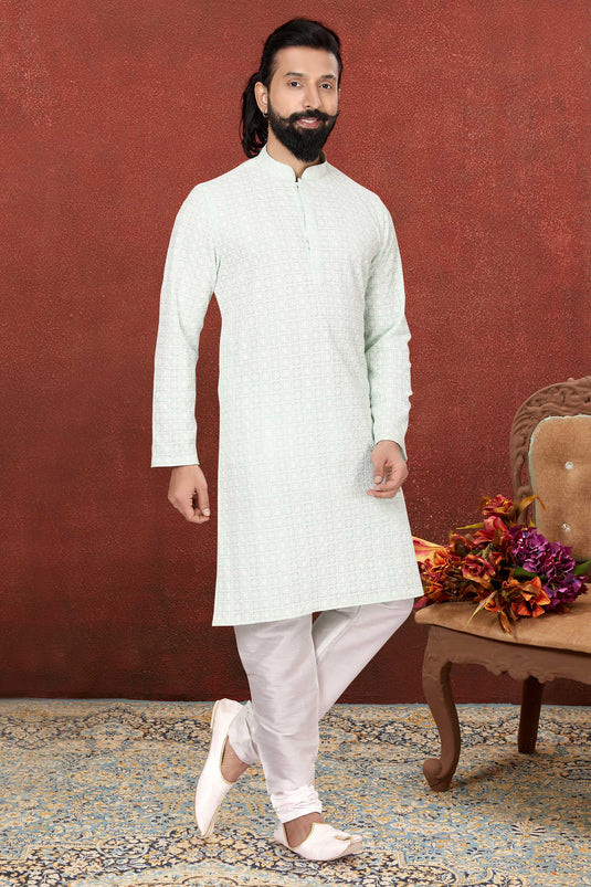 Georgette Light Cyan Color Wedding Wear Readymade Designer Men Kurta Pyjama