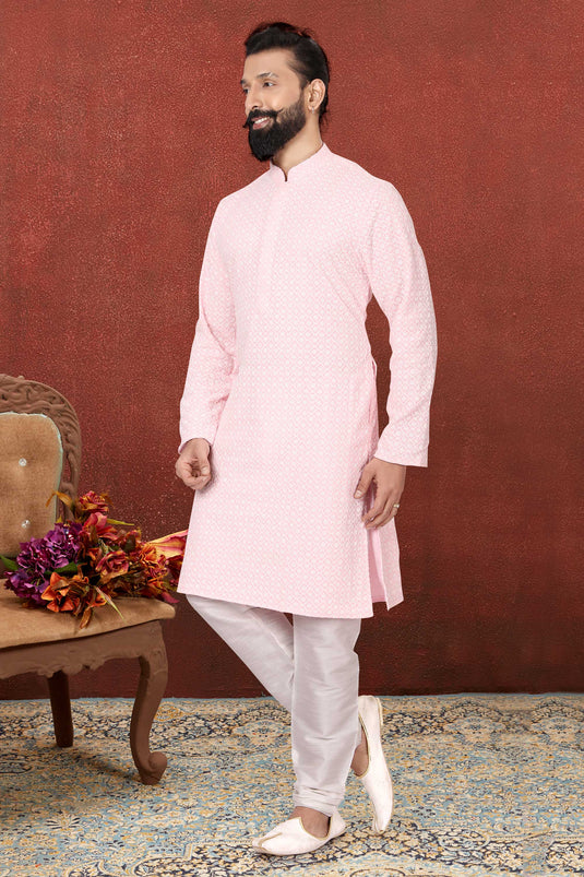 Pink Color Gorgeous Georgette Fabric Reception Wear Readymade Kurta Pyjama For Men