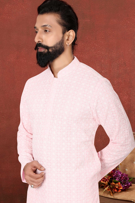 Georgette Fabric Pink Color Festive Wear Readymade Lovely Kurta Pyjama For Men