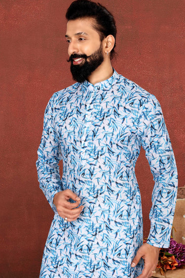 Festive Wear Readymade Kurta Pyjama For Men In White Cotton Fabric