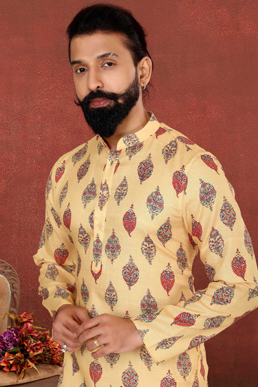 Fetching Yellow Cotton Fabric Sangeet Wear Kurta Pyjama For Men