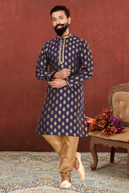 Navy Blue Color Sangeet Wear Pretty Kurta Pyjama For Men In Jacquard Silk Fabric