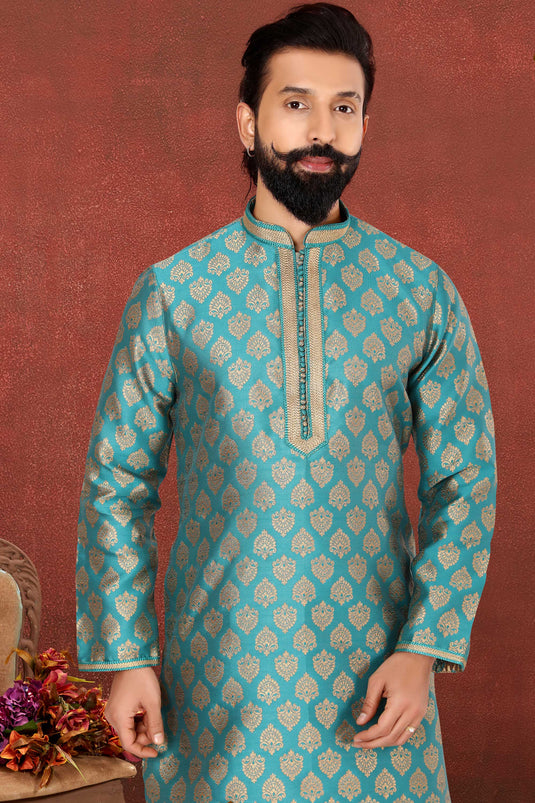 Jacquard Silk Fabric Stunning Cyan Color Readymade Men Kurta Pyjama