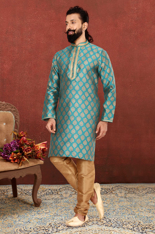 Jacquard Silk Fabric Stunning Cyan Color Readymade Men Kurta Pyjama